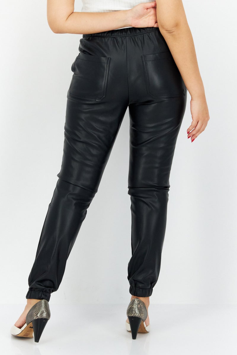 Weworewhat Women Regular Fit Plain Leather Jogger Pant, Black - Image 2